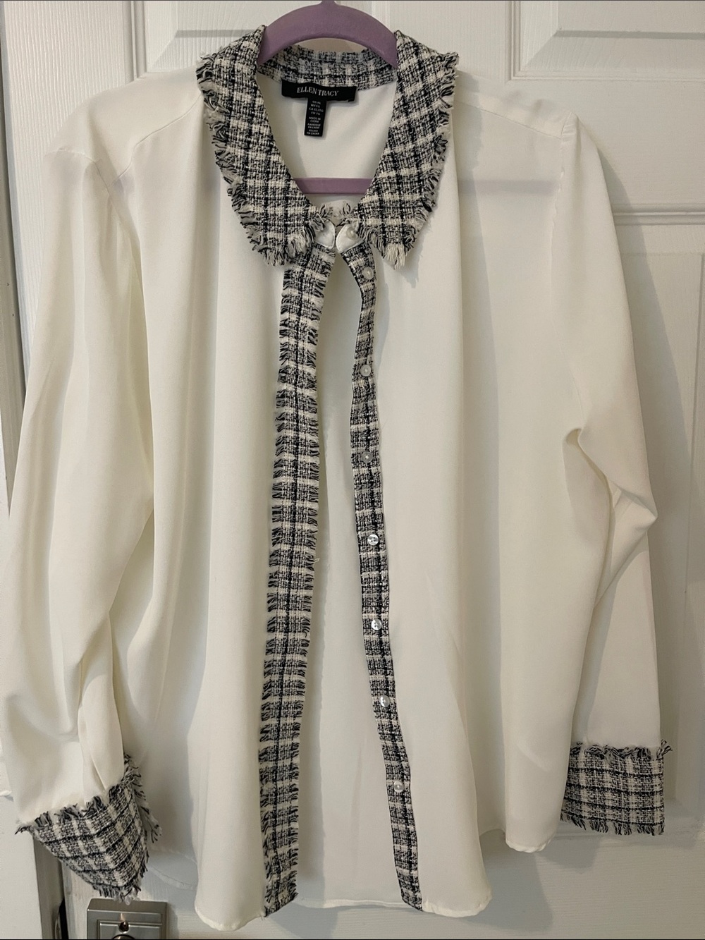 Ellen Tracy Cream Blouse with Black Tweed Collar and Trim